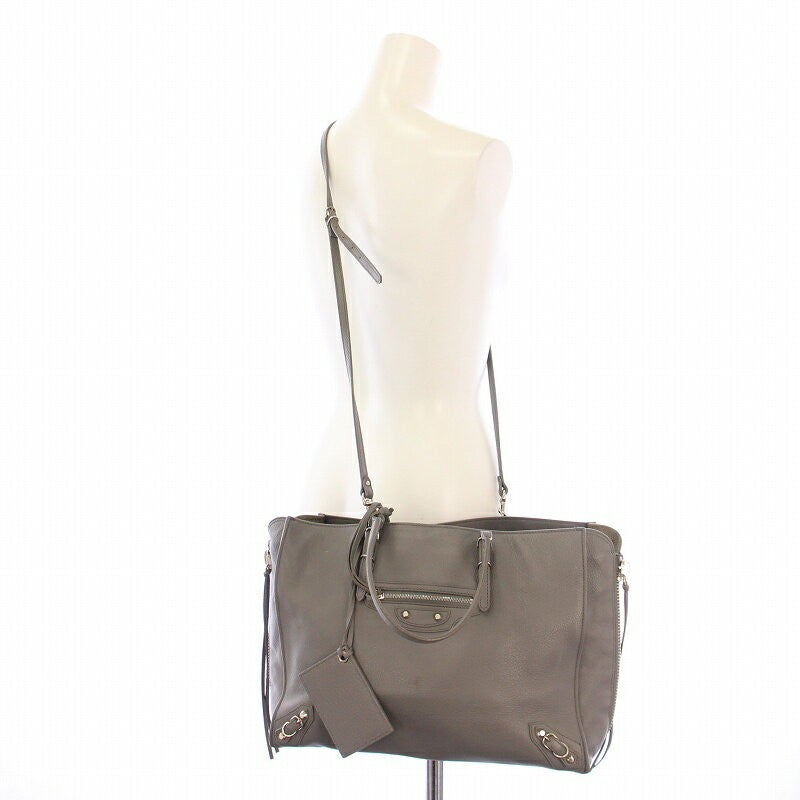 BALENCIAGA Hand Shoulder Bag Tote Purse 2way Paper B4 Zip Around Leather Gray