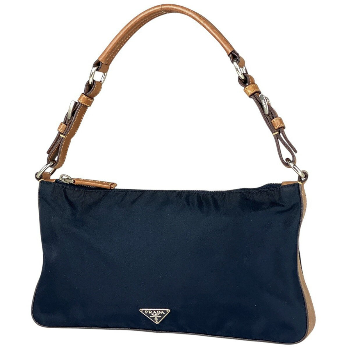 PRADA Shoulder Bag Purse Logo Nylon Leather Navy Brown Authentic
