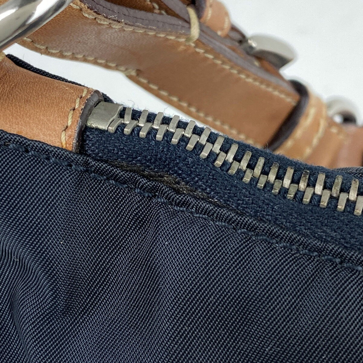 PRADA Shoulder Bag Purse Logo Nylon Leather Navy Brown Authentic