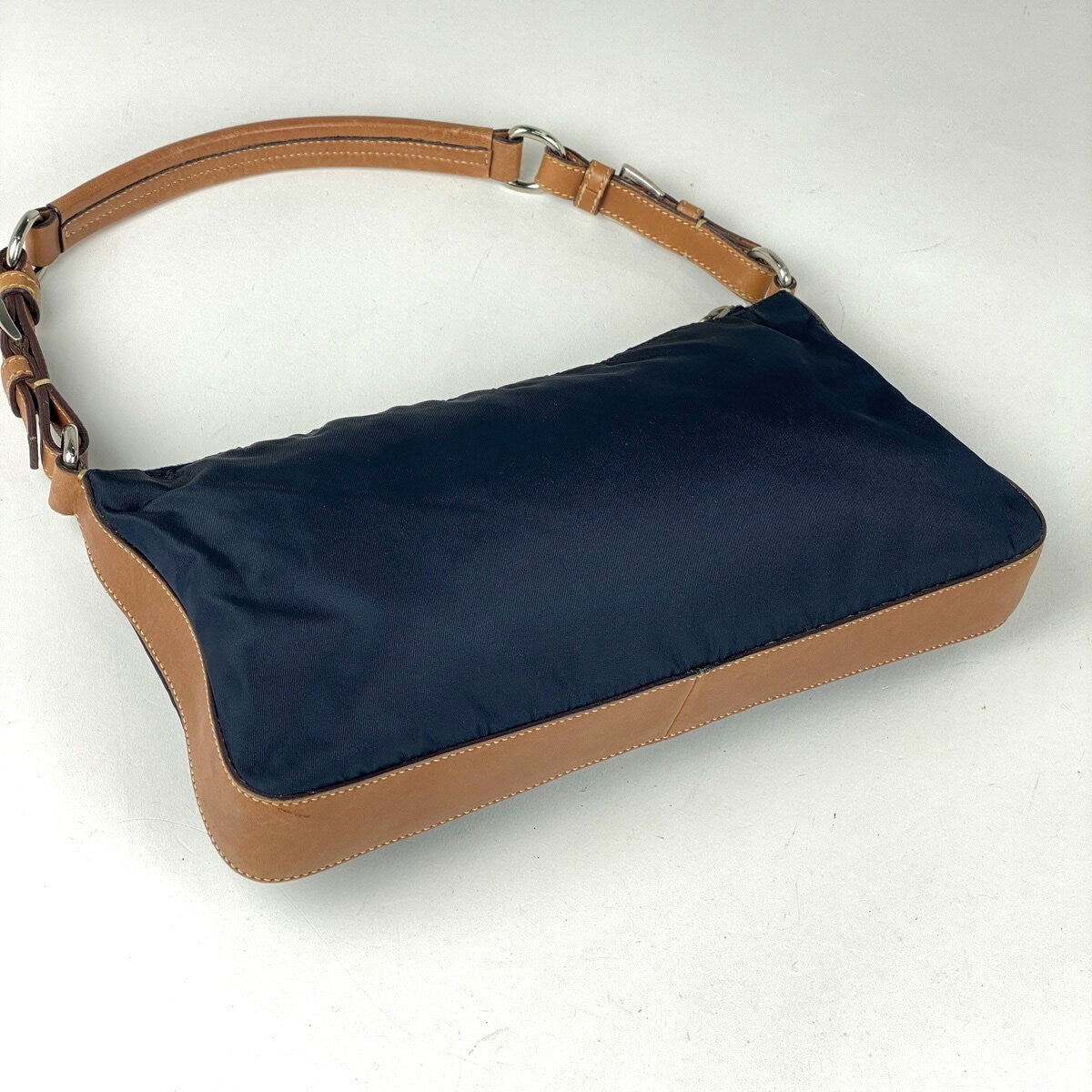PRADA Shoulder Bag Purse Logo Nylon Leather Navy Brown Authentic