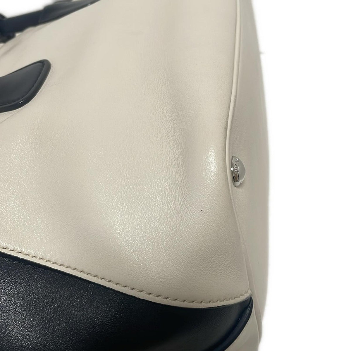 PRADA Hand Bag Tote Purse Leather Off White Black Authentic