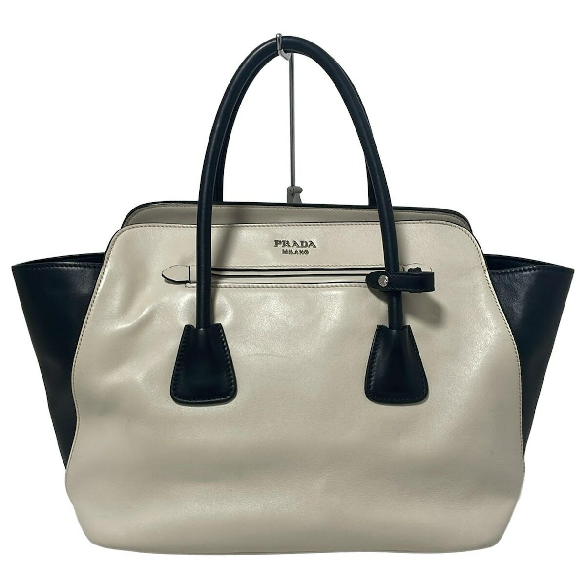 PRADA Hand Bag Tote Purse Leather Off White Black Authentic