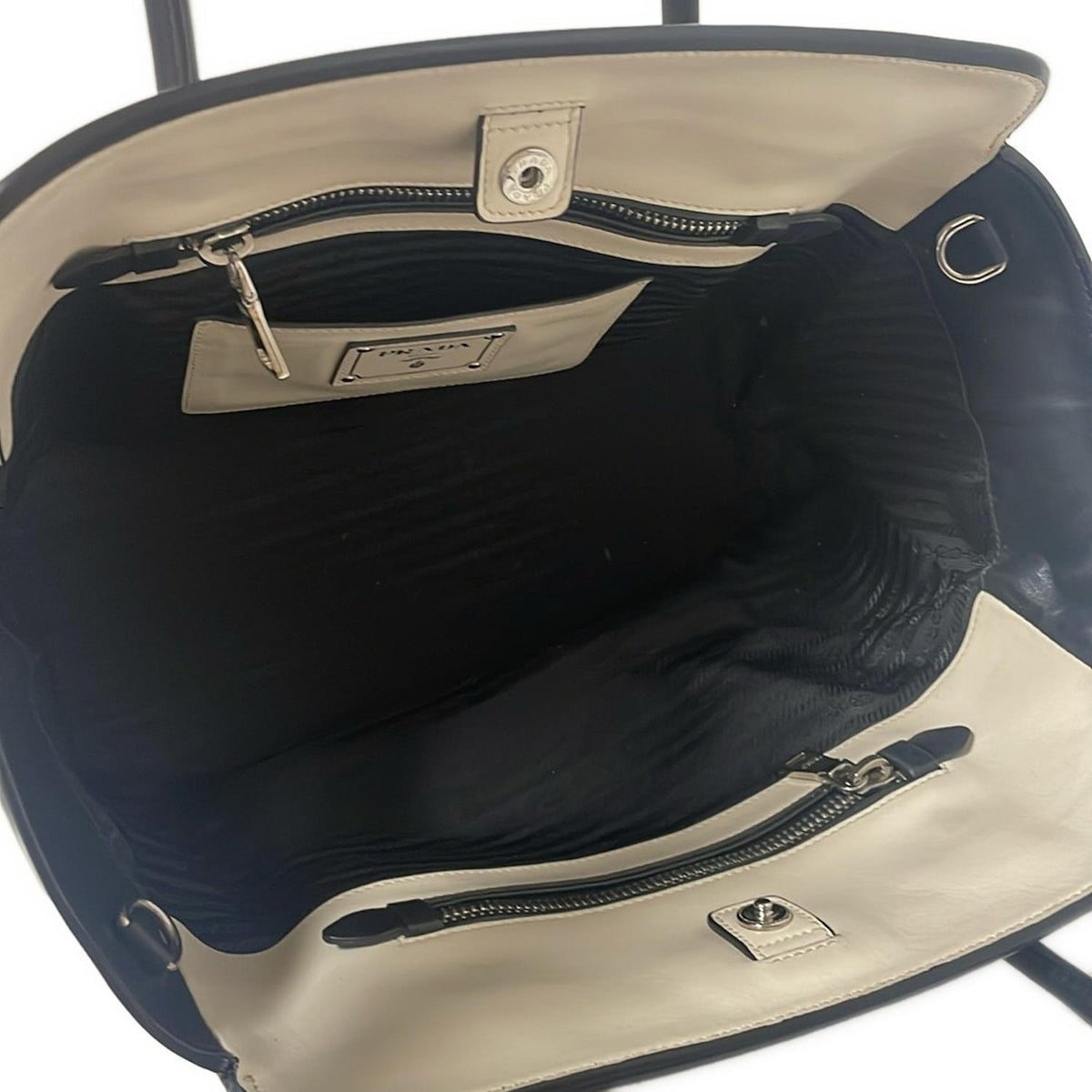 PRADA Hand Bag Tote Purse Leather Off White Black Authentic