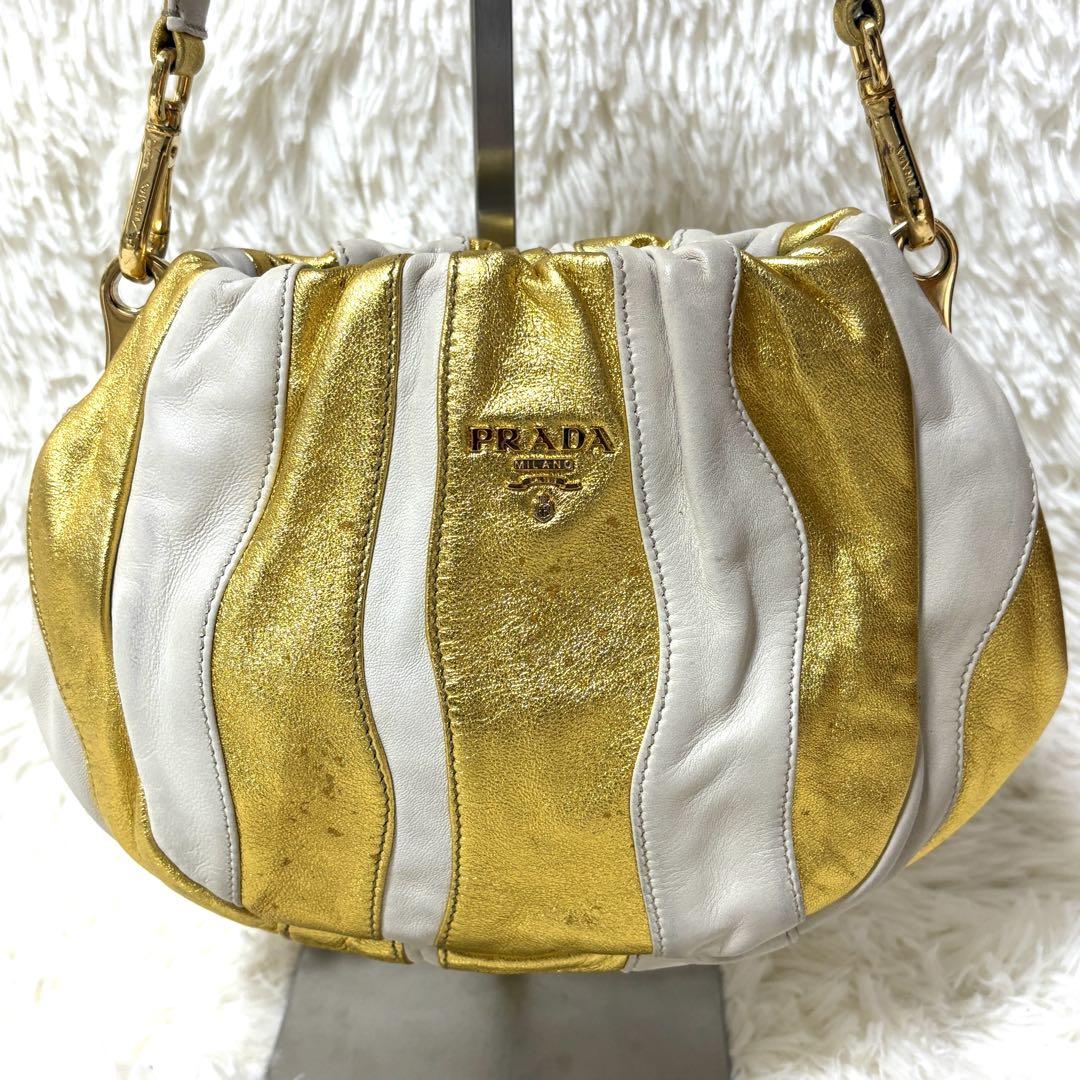 PRADA Hand Bag Tote Purse Leather Gold White Authentic