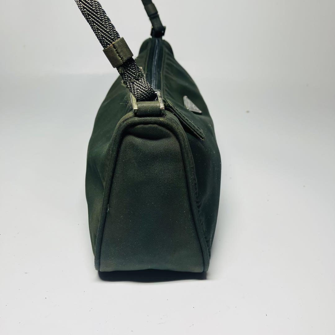 PRADA Accessory Pouch Hand Pouch Logo Nylon Khaki Silver Authentic