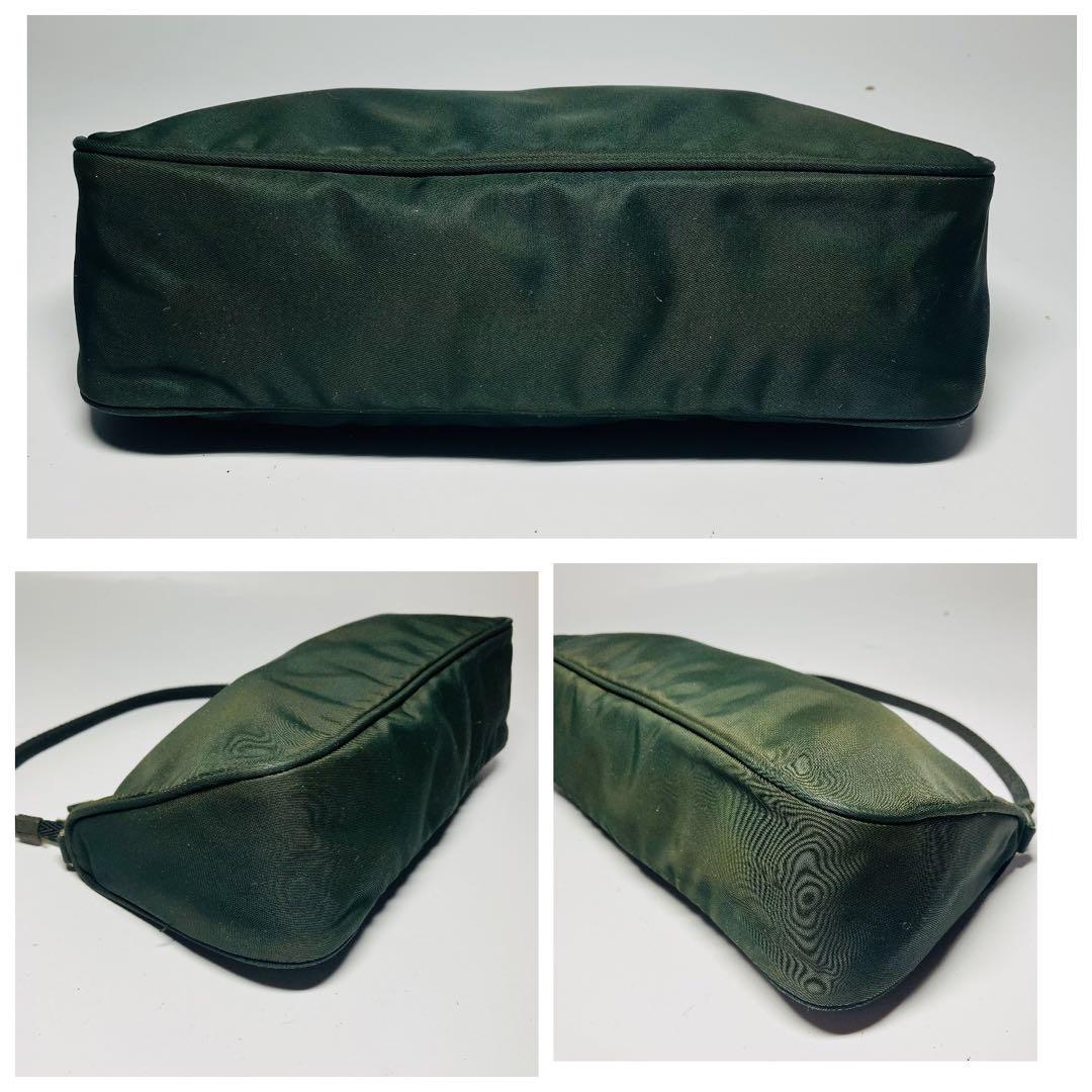 PRADA Accessory Pouch Hand Pouch Logo Nylon Khaki Silver Authentic