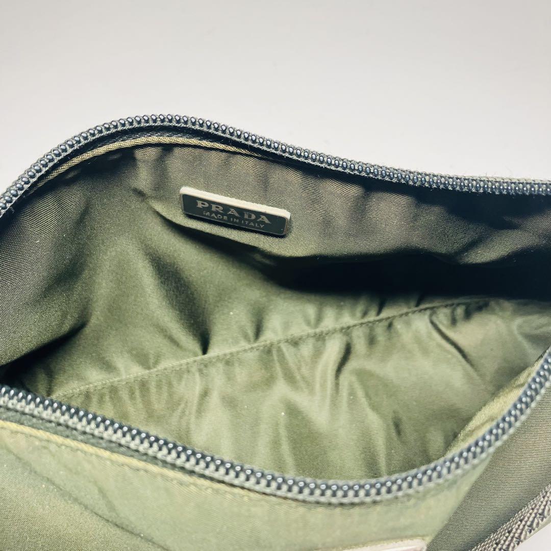 PRADA Accessory Pouch Hand Pouch Logo Nylon Khaki Silver Authentic