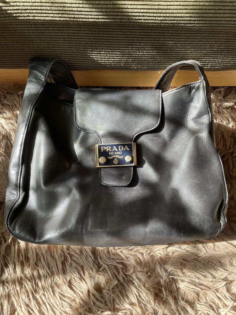 PRADA Shoulder Bag Purse Logo Leather Black Authentic