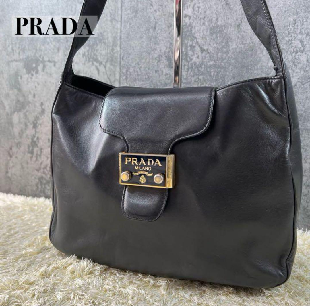 PRADA Shoulder Bag Purse Logo Leather Black Authentic
