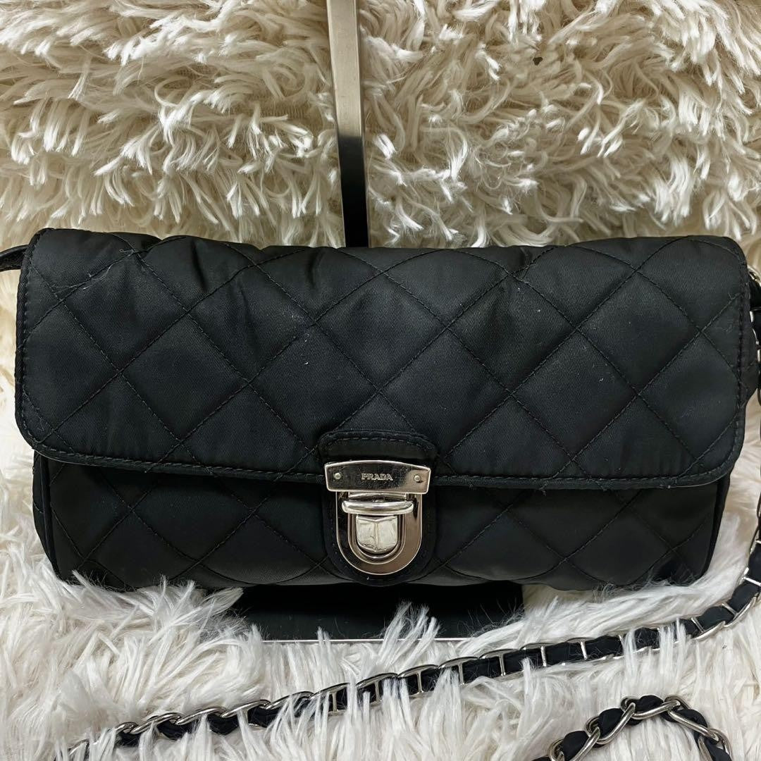 PRADA Shoulder Bag Purse 2way Quilting Chain Nylon Black Authentic