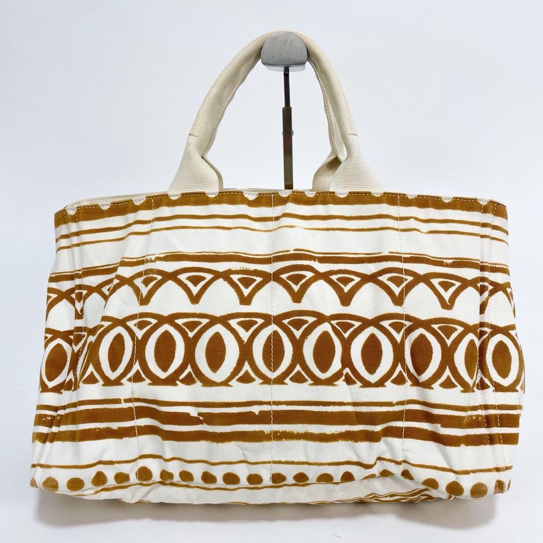 PRADA Hand Bag Tote Purse Canapa Canvas Brown White Authentic