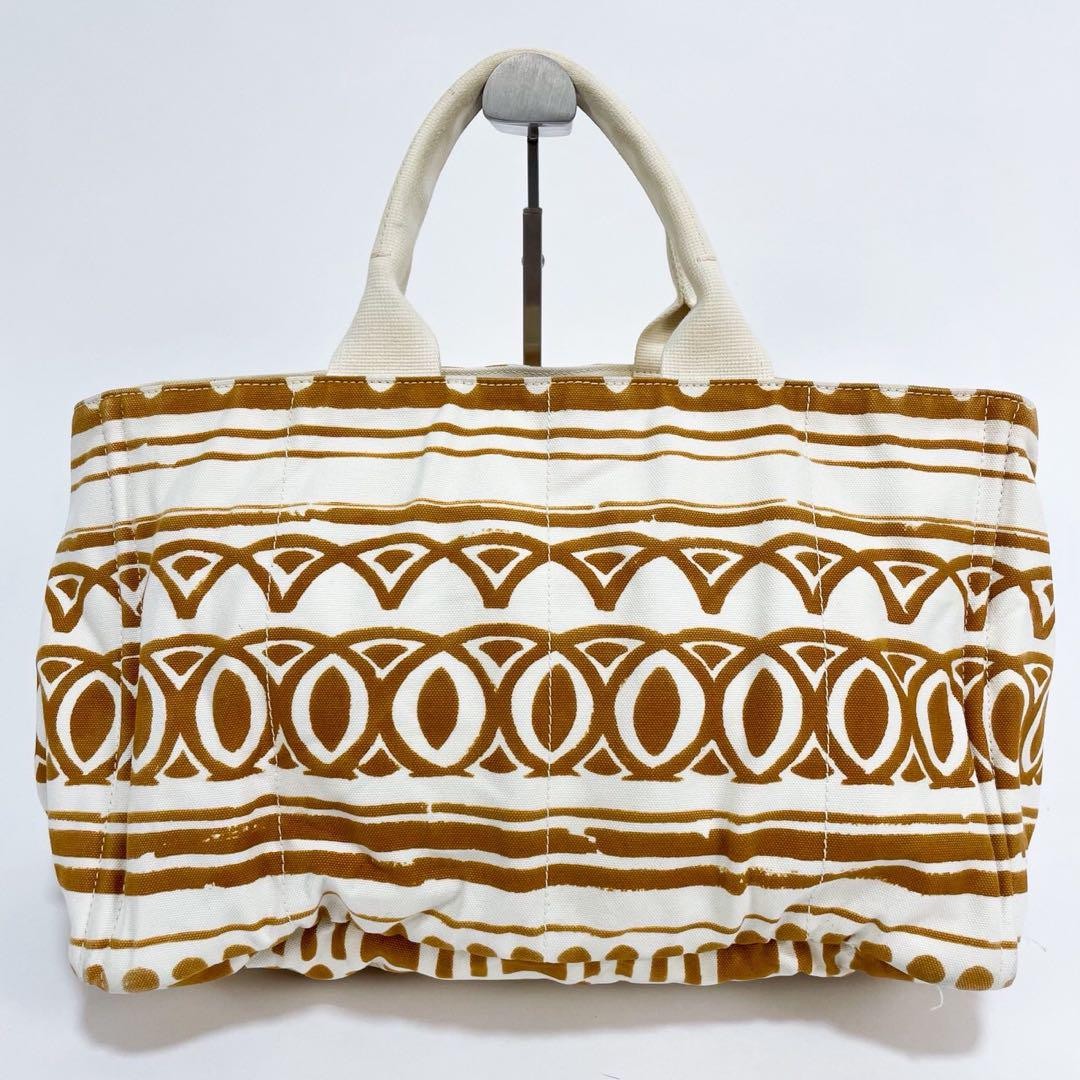 PRADA Hand Bag Tote Purse Canapa Canvas Brown White Authentic