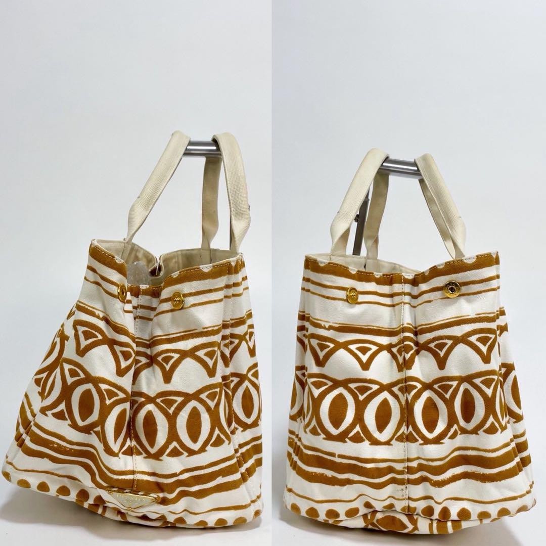 PRADA Hand Bag Tote Purse Canapa Canvas Brown White Authentic