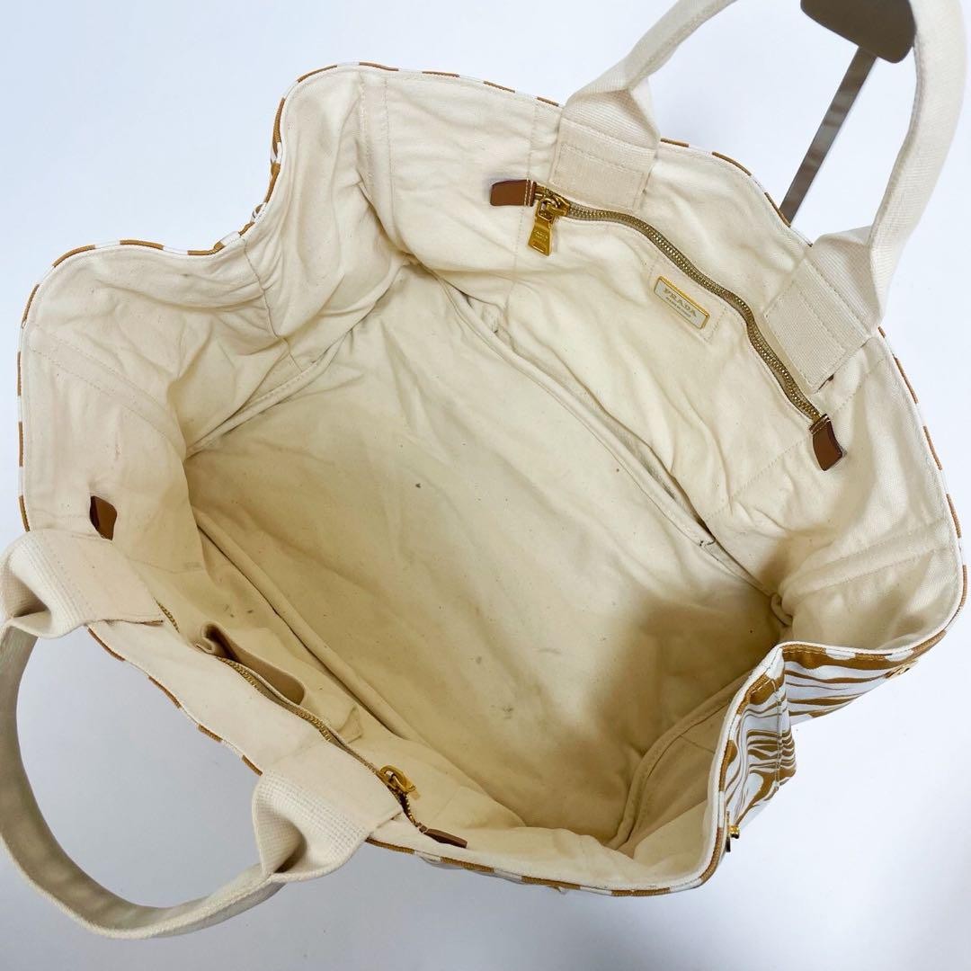 PRADA Hand Bag Tote Purse Canapa Canvas Brown White Authentic