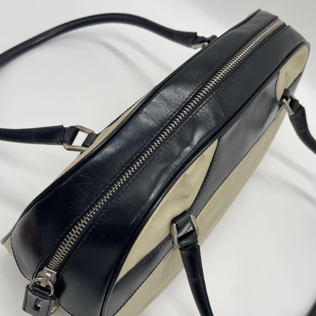PRADA Hand Bag Tote Purse Logo Nylon Leather Off White Black Authentic