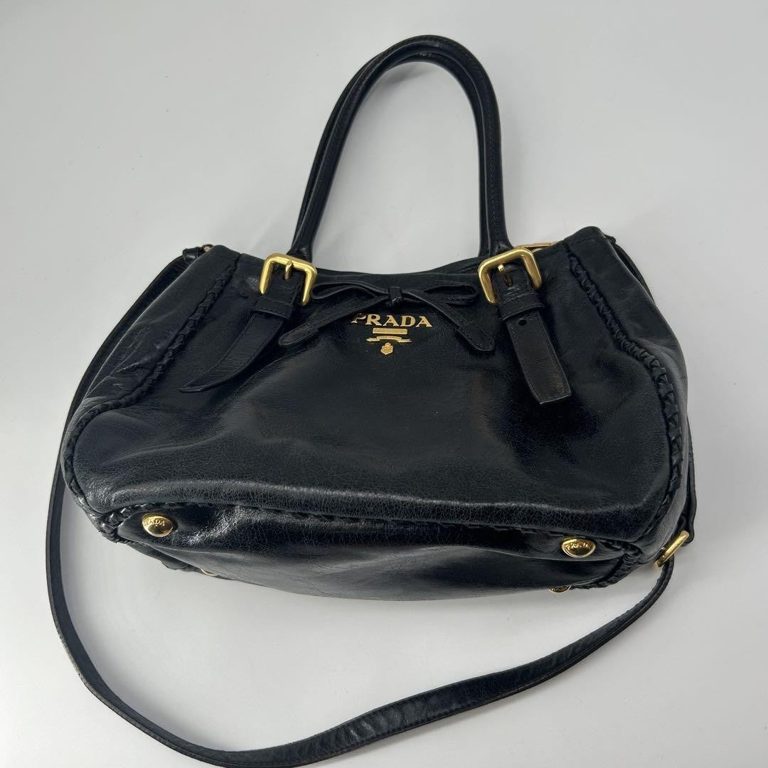 PRADA Hand Shoulder Bag Tote Purse 2way Ribbon Black Authentic