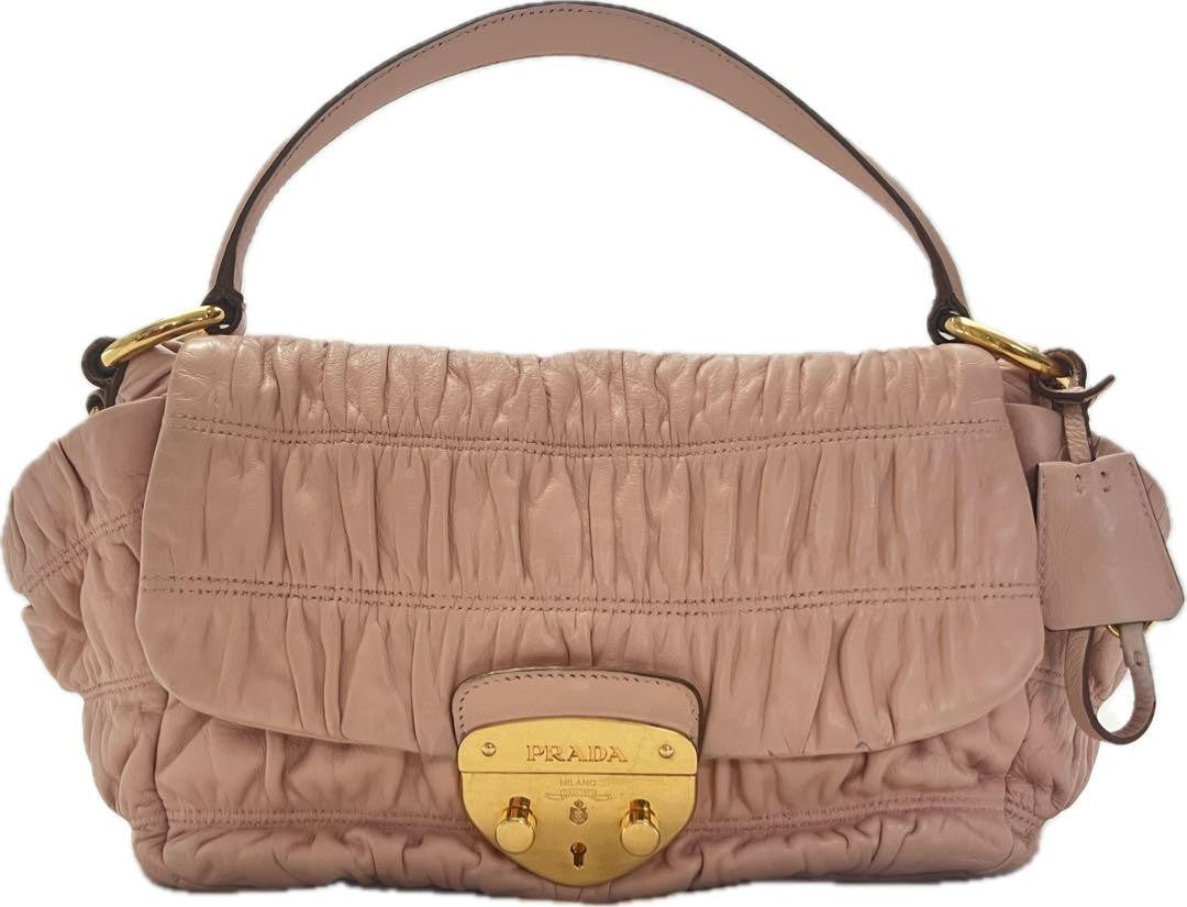 PRADA Hand Bag Tote Purse DRESSY GAUFRE Leather Pink Beige Authentic