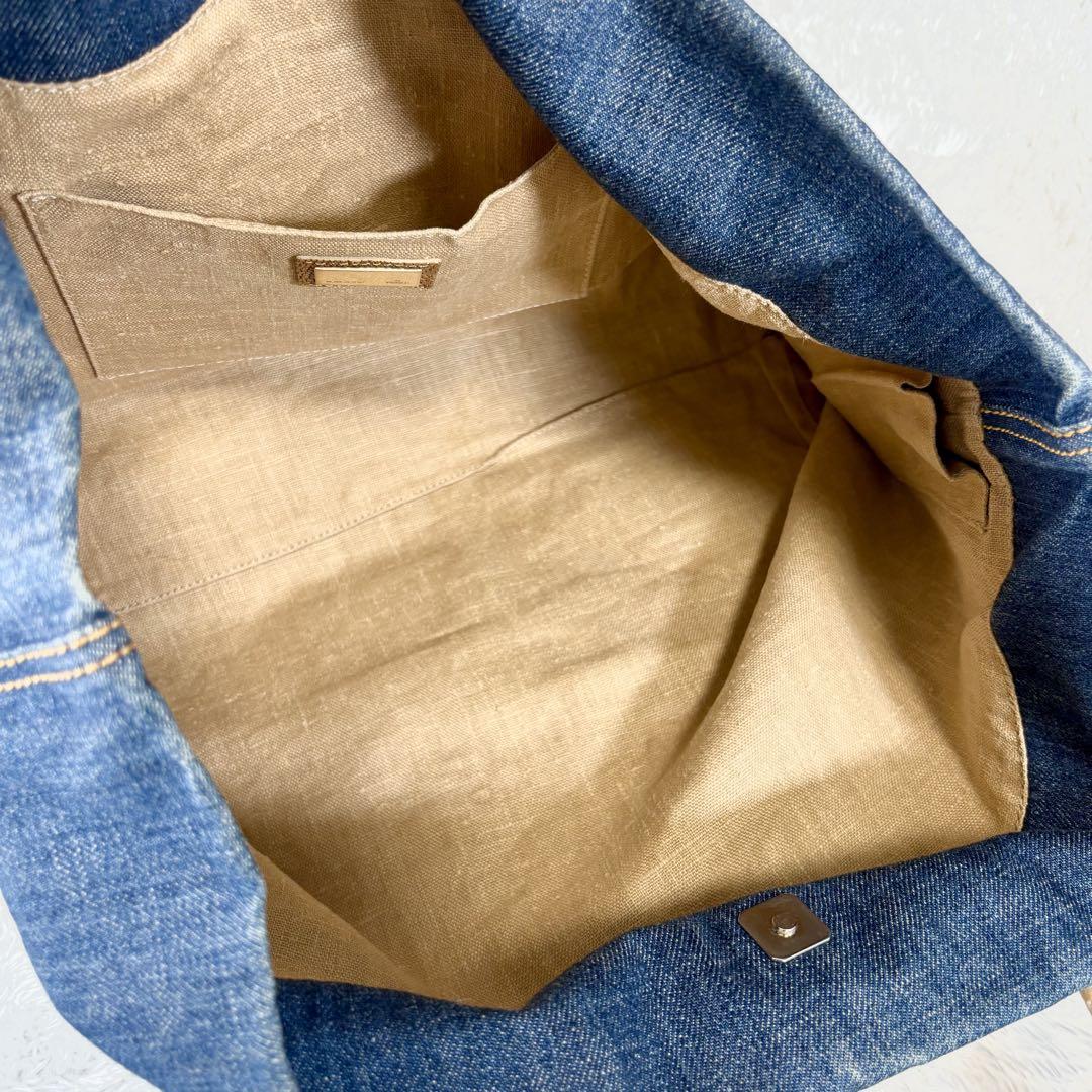 FENDI Hand Bag Tote Purse FF Denim Canvas Leather Blue Authentic