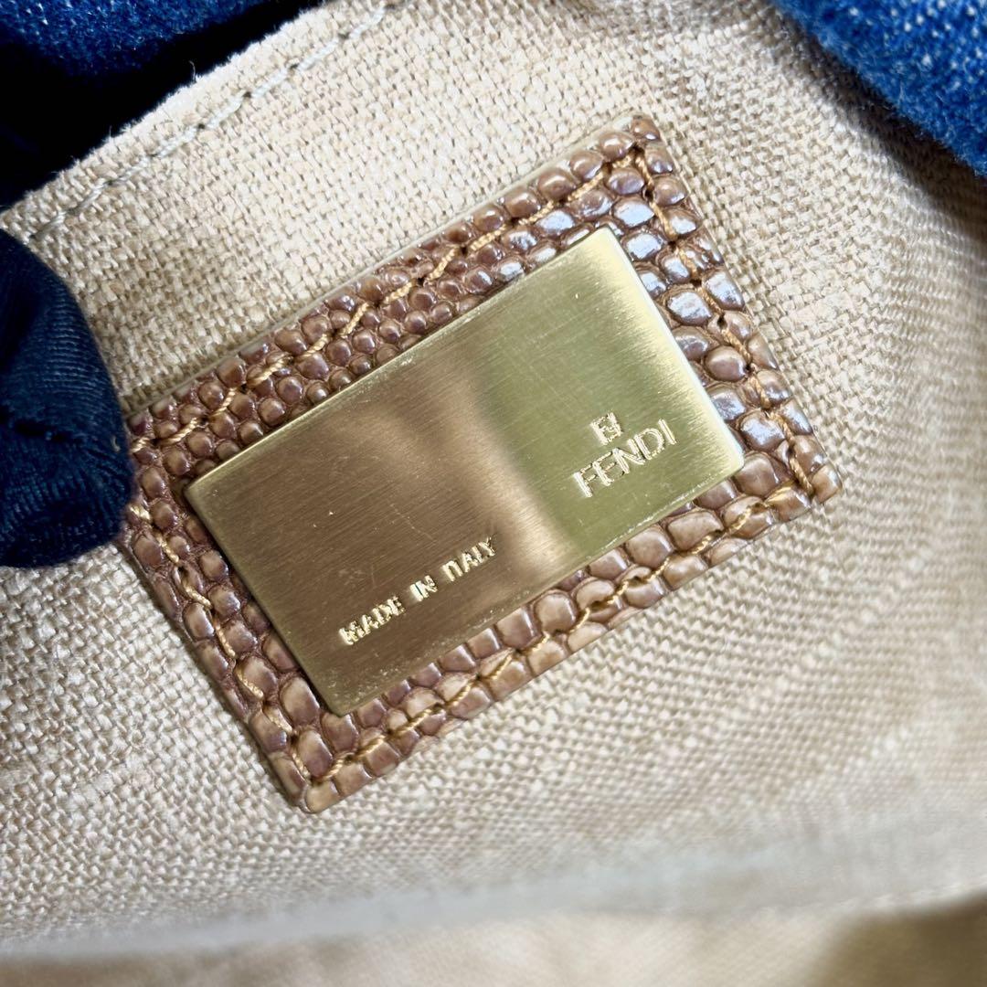 FENDI Hand Bag Tote Purse FF Denim Canvas Leather Blue Authentic