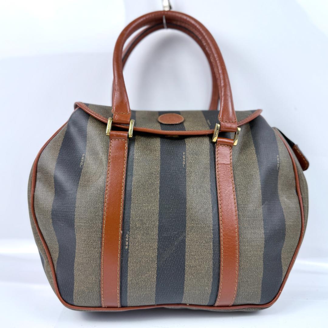 FENDI Hand Bag Tote Purse Mini Boston Pecan PVC Leather Black Authentic