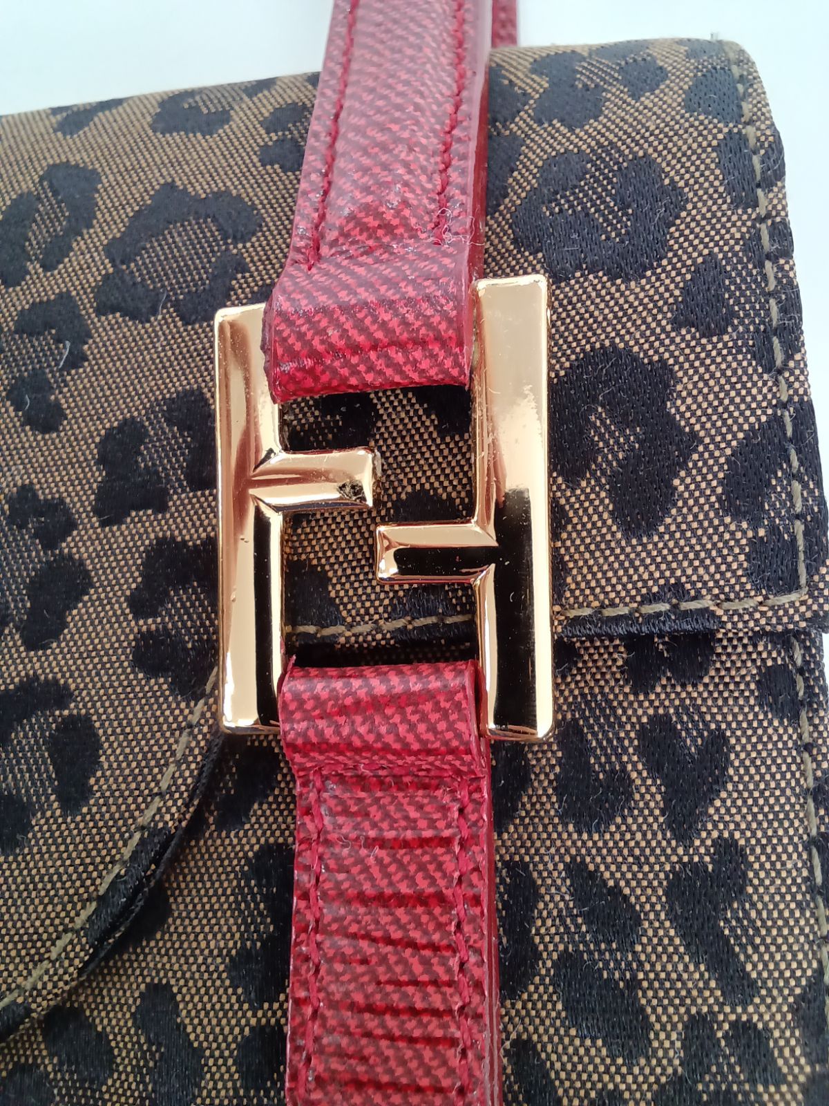 FENDI Hand Bag Tote Purse FF Canvas Leather Leopard Authentic