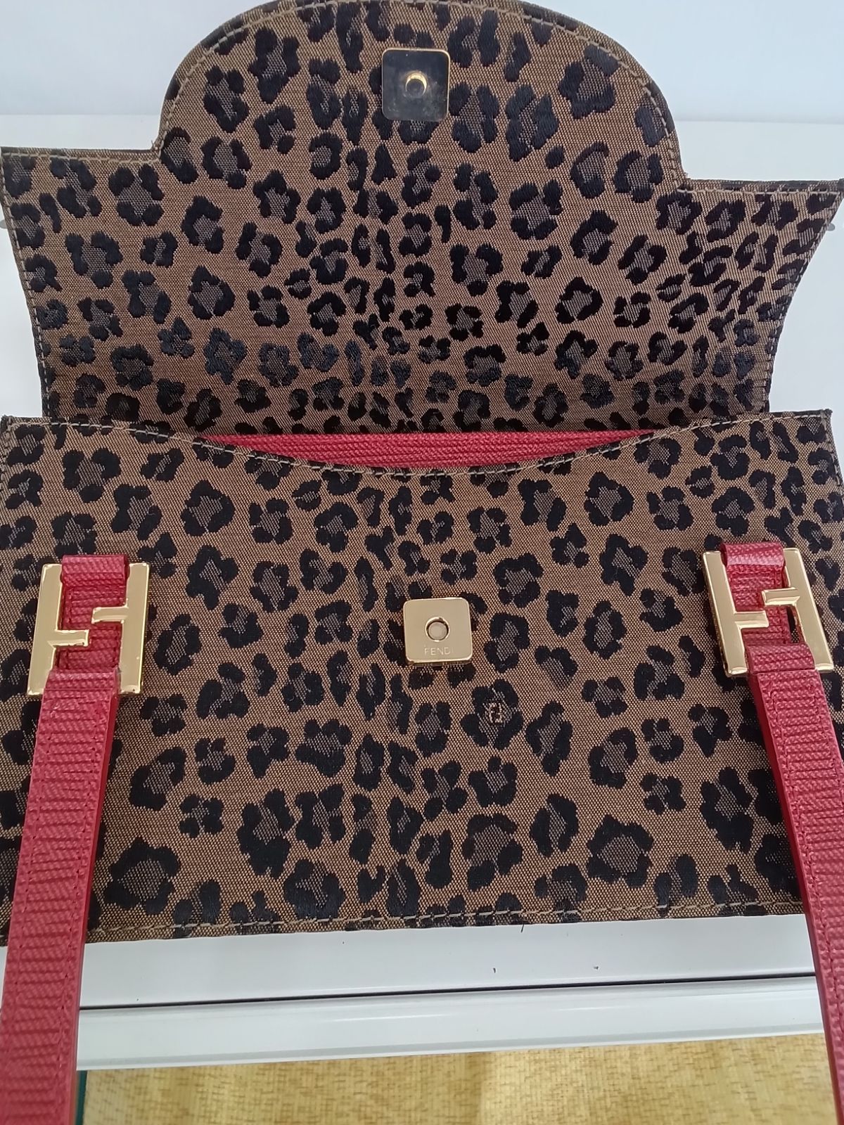 FENDI Hand Bag Tote Purse FF Canvas Leather Leopard Authentic