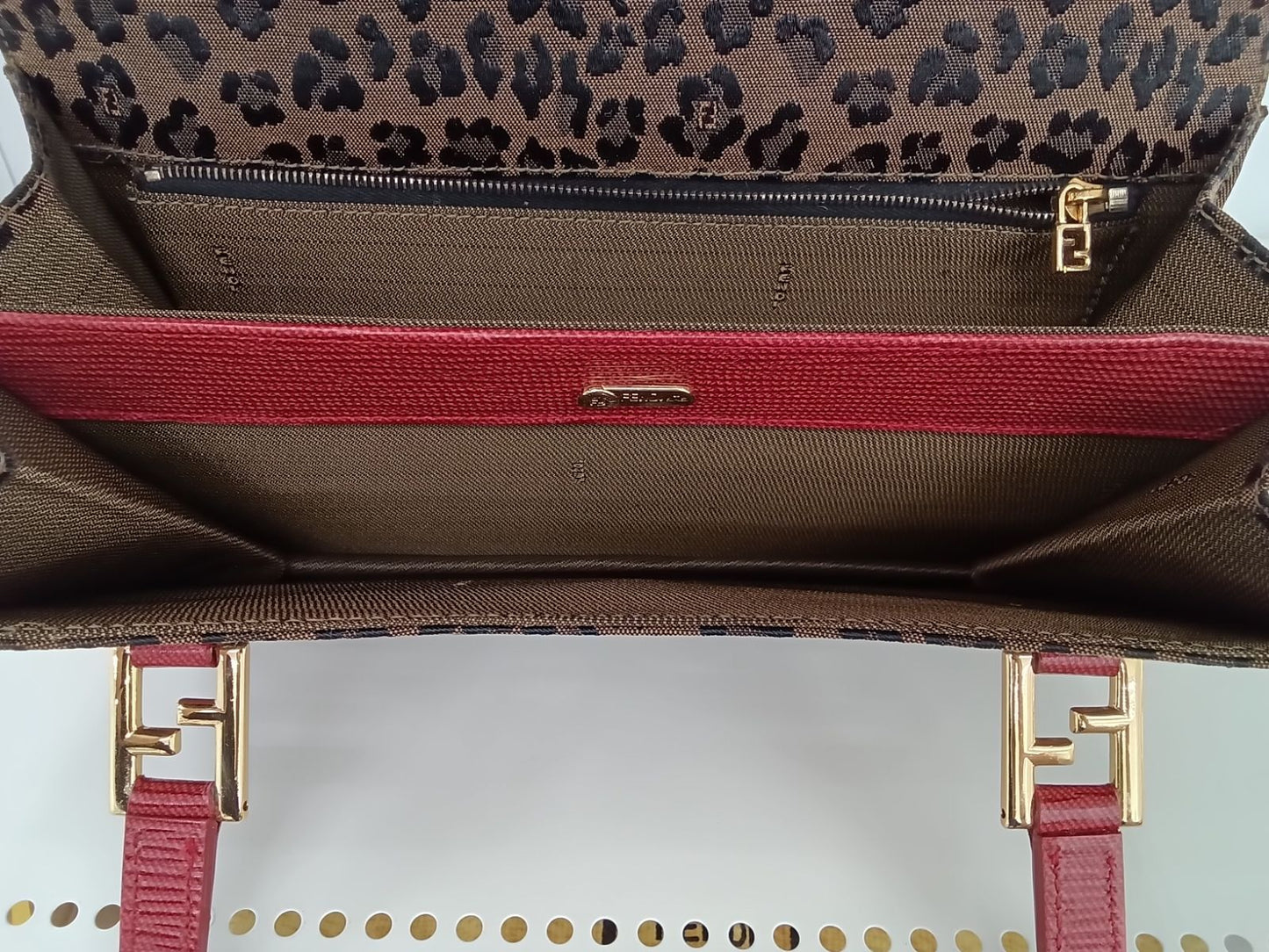 FENDI Hand Bag Tote Purse FF Canvas Leather Leopard Authentic