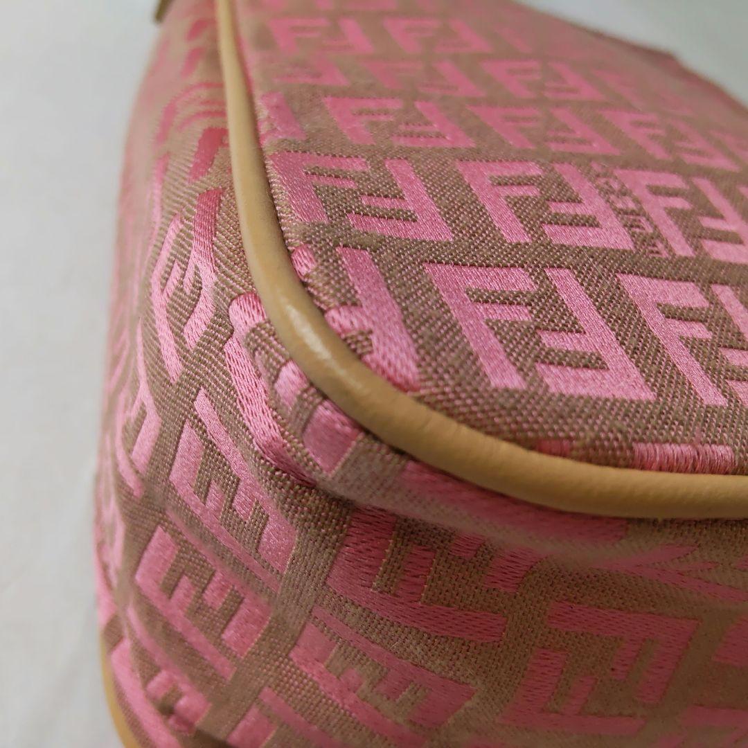 FENDI Hand Shoulder Bag Tote Purse FF Zucchino Canvas Leather Pink Beige Auth