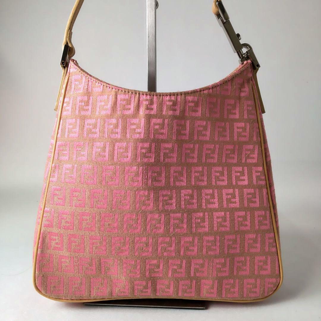FENDI Hand Shoulder Bag Tote Purse FF Zucchino Canvas Leather Pink Beige Auth