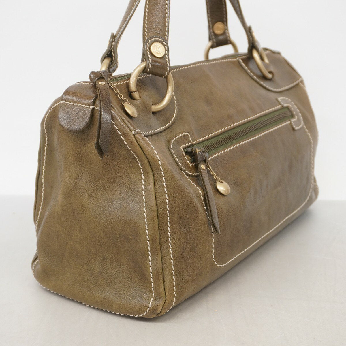 CELINE Hand Bag Tote Purse Leather Khaki Authentic