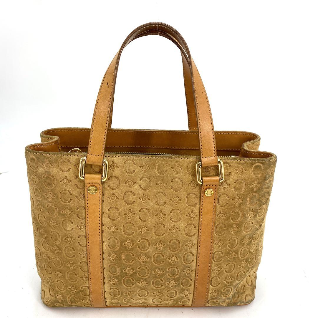 CELINE Hand Bag Tote Purse C Macadam Suede Leather Beige Authentic