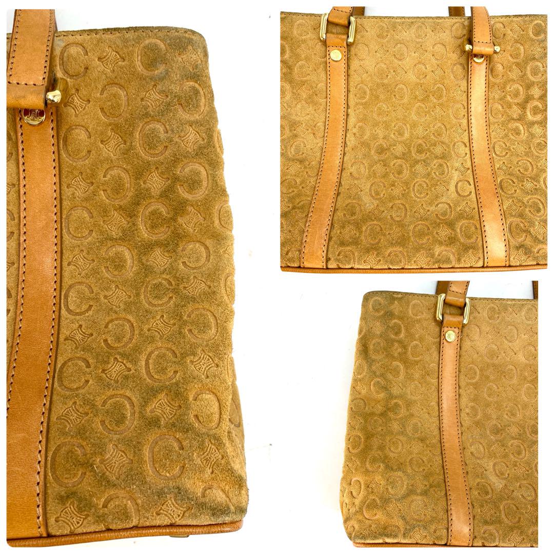 CELINE Hand Bag Tote Purse C Macadam Suede Leather Beige Authentic
