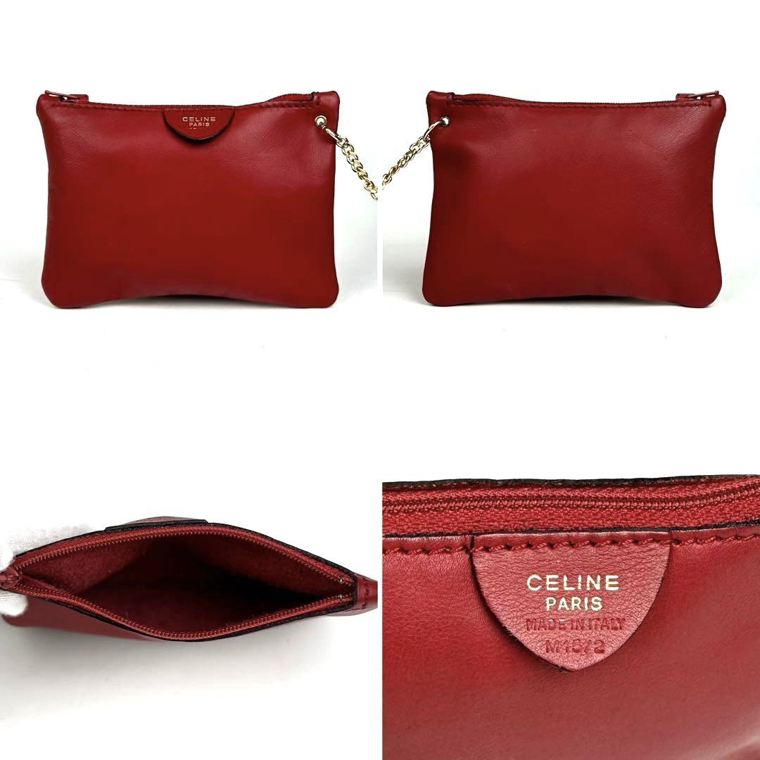 CELINE Shoulder Bag Purse 2way Leather Red Authentic