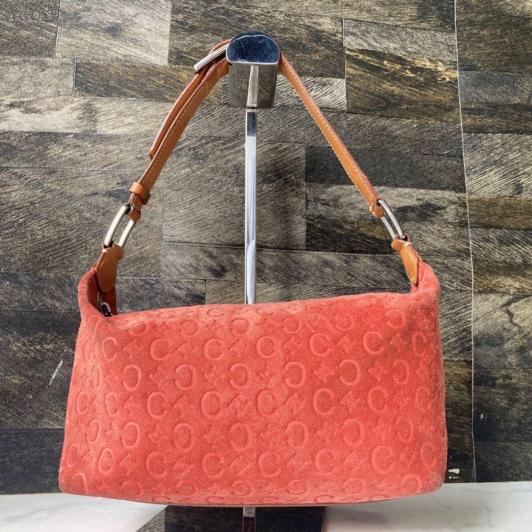 CELINE Accessory Pouch Shoulder Bag Purse C Macadam Suede Orange Authentic