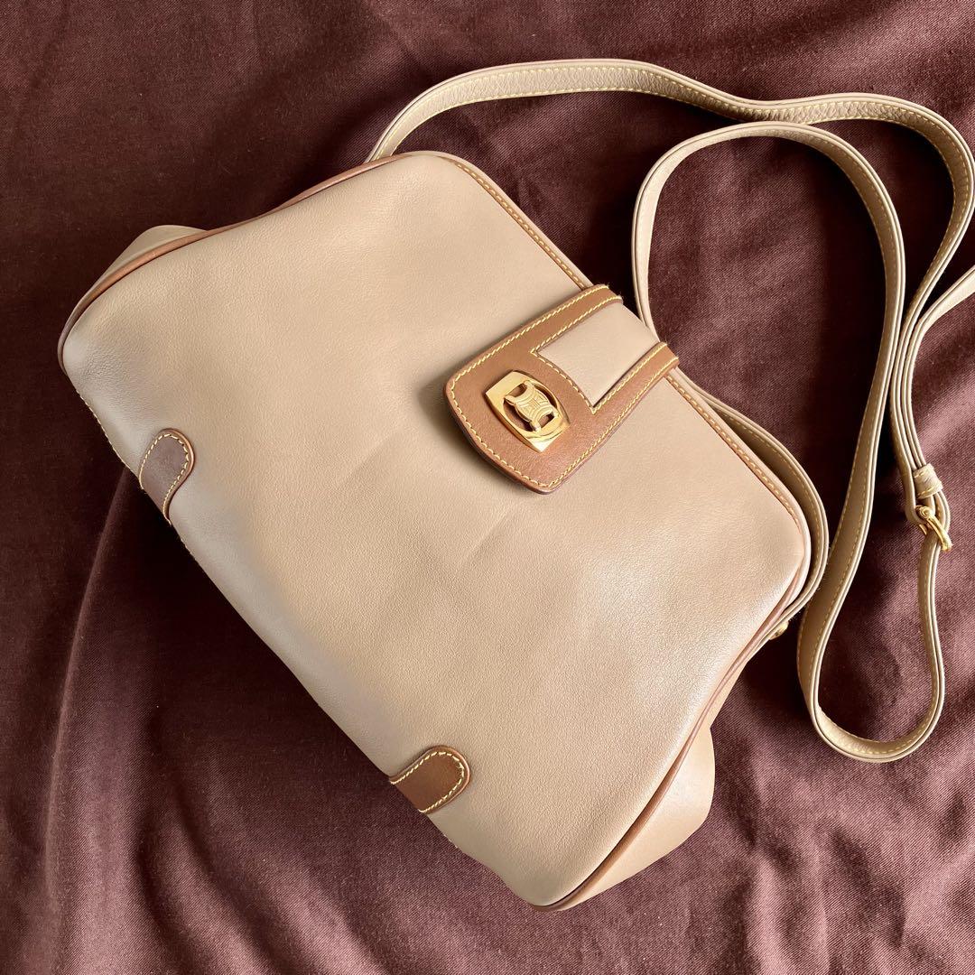 CELINE Shoulder Bag Purse Leather Beige Authentic