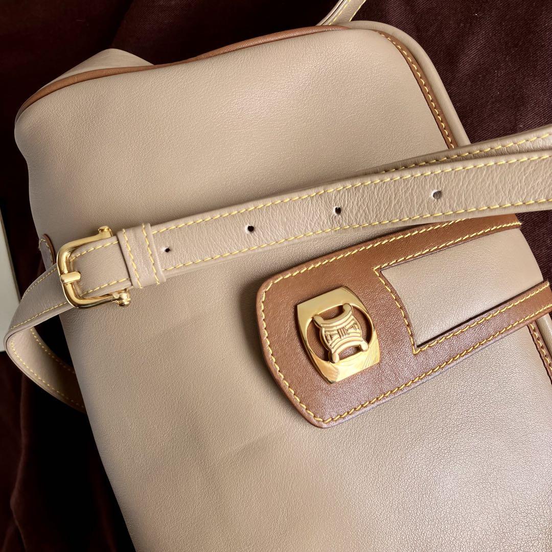 CELINE Shoulder Bag Purse Leather Beige Authentic