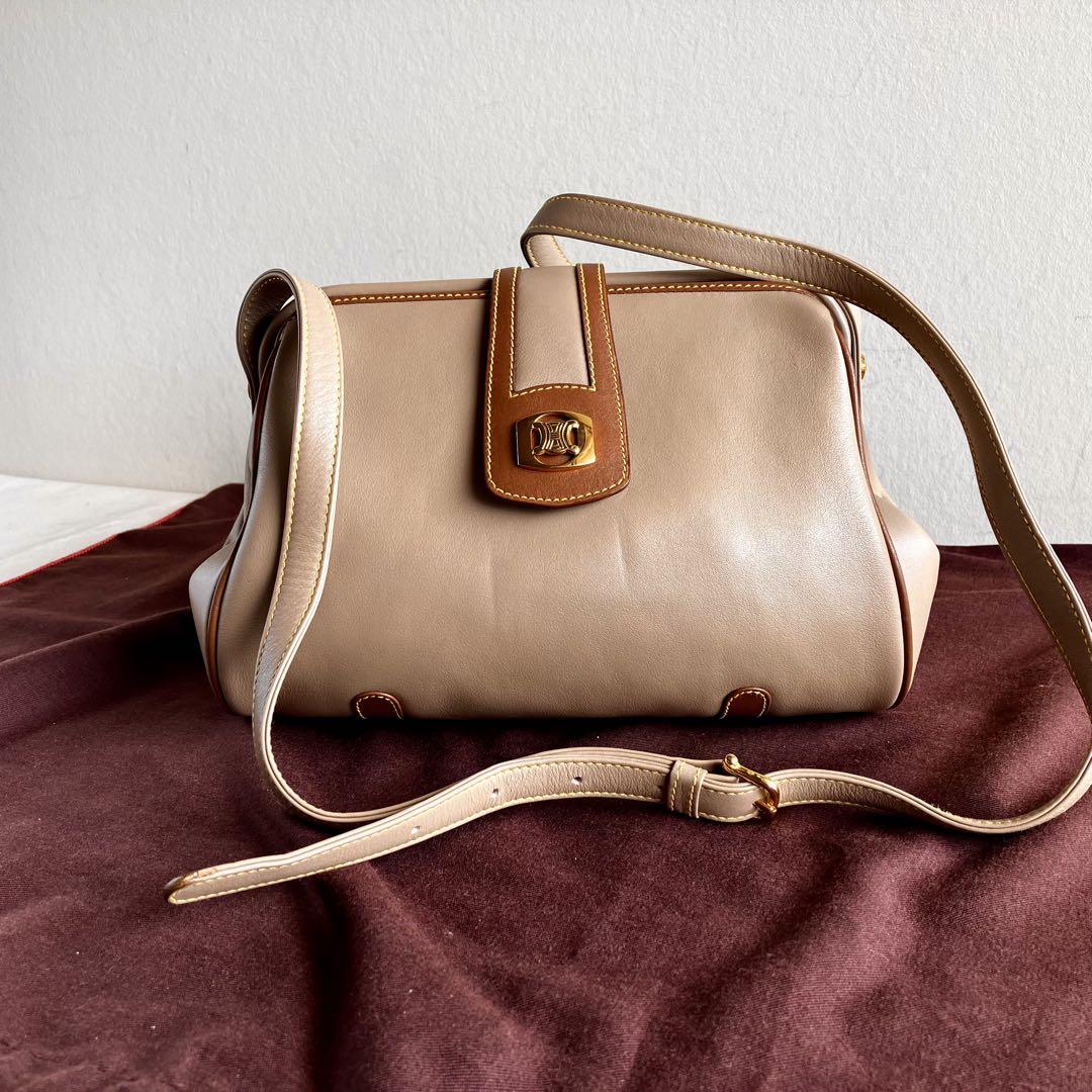 CELINE Shoulder Bag Purse Leather Beige Authentic