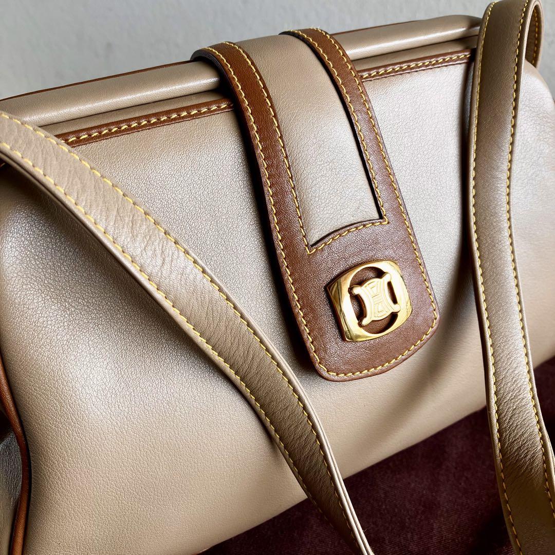 CELINE Shoulder Bag Purse Leather Beige Authentic