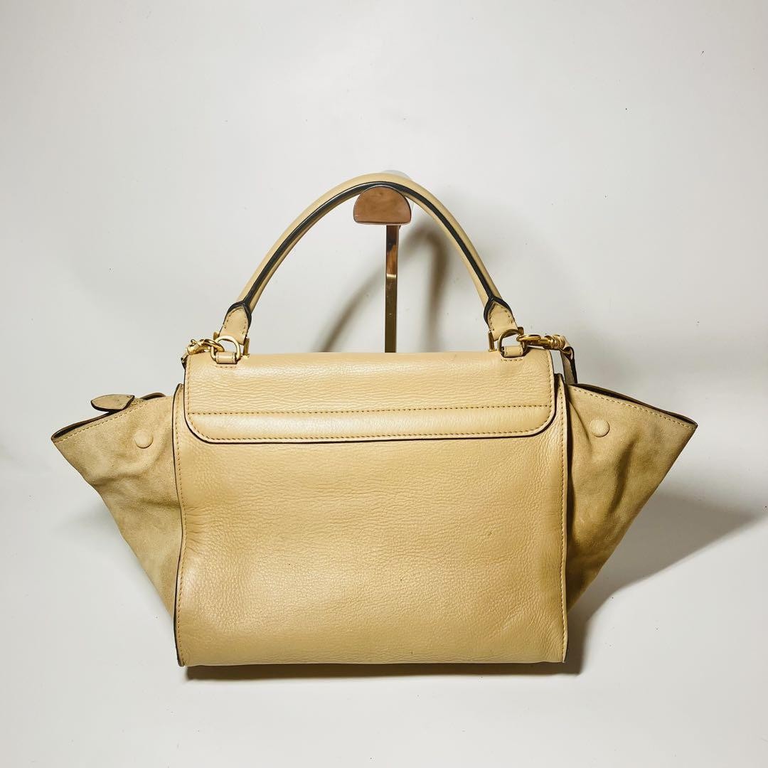 CELINE Hand Shoulder Bag Tote Purse 2way Trapeze Leather Beige Authentic