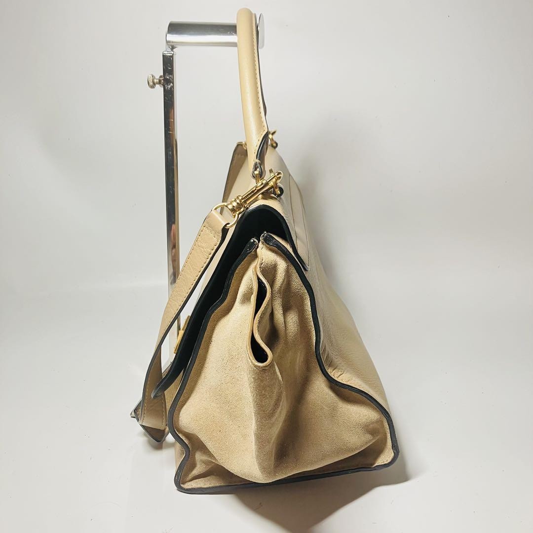 CELINE Hand Shoulder Bag Tote Purse 2way Trapeze Leather Beige Authentic