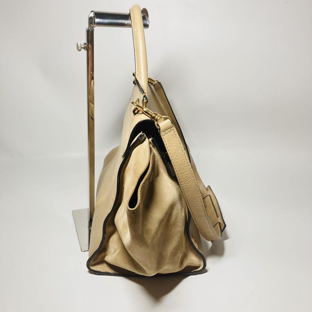 CELINE Hand Shoulder Bag Tote Purse 2way Trapeze Leather Beige Authentic