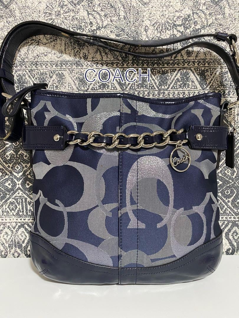 COACH Shoulder Bag Purse Signature Canvas Patent Leather Navy Authentic