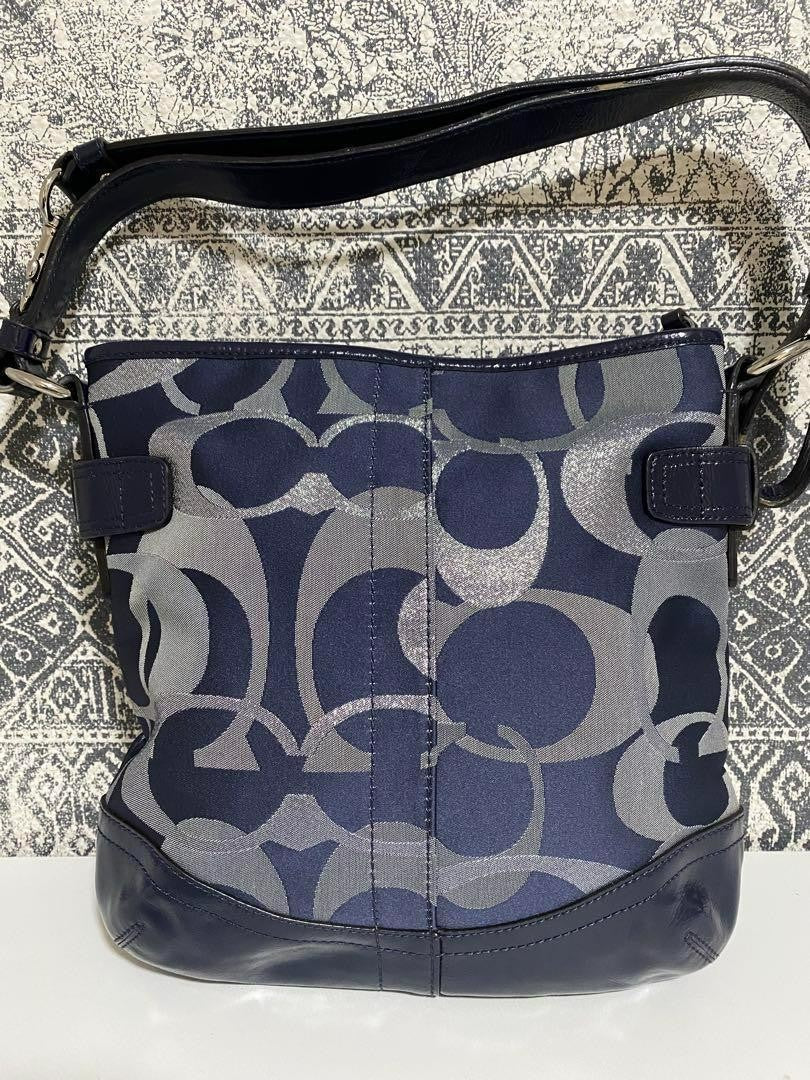 COACH Shoulder Bag Purse Signature Canvas Patent Leather Navy Authentic