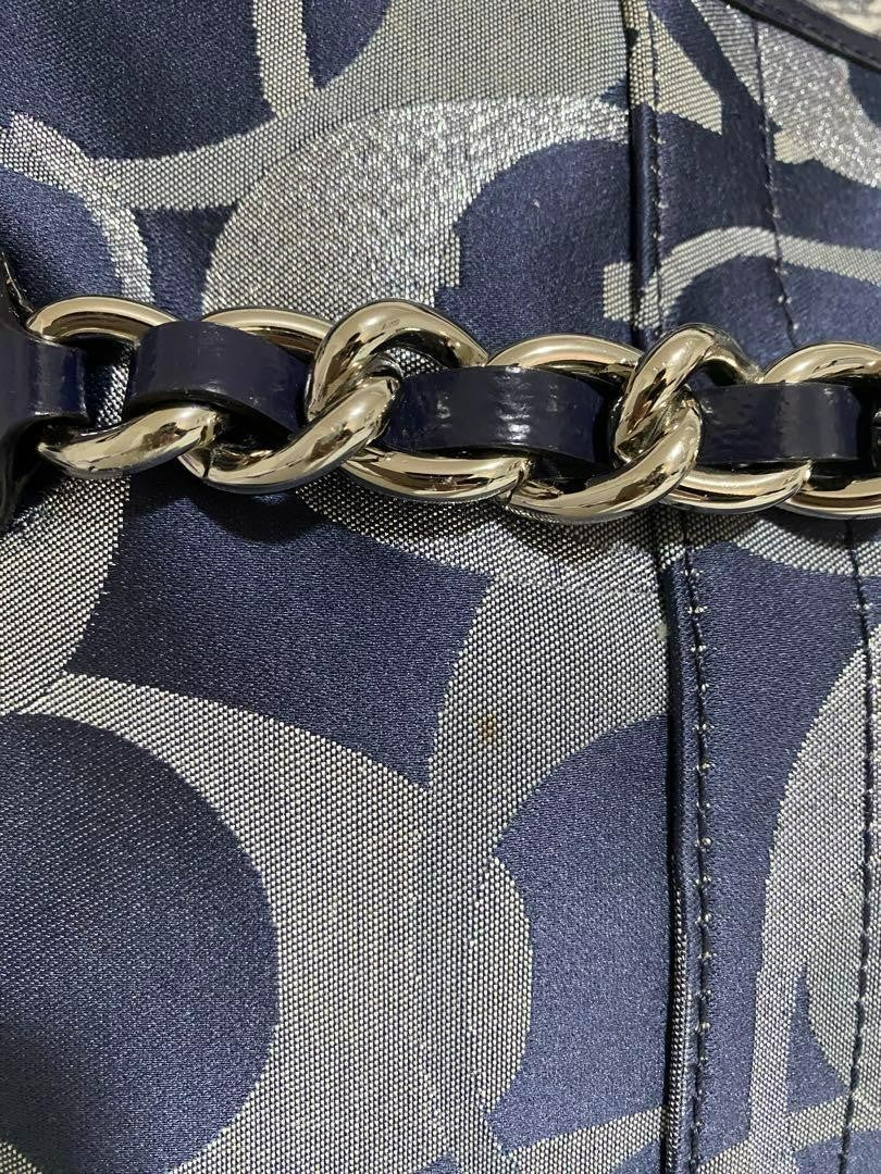 COACH Shoulder Bag Purse Signature Canvas Patent Leather Navy Authentic