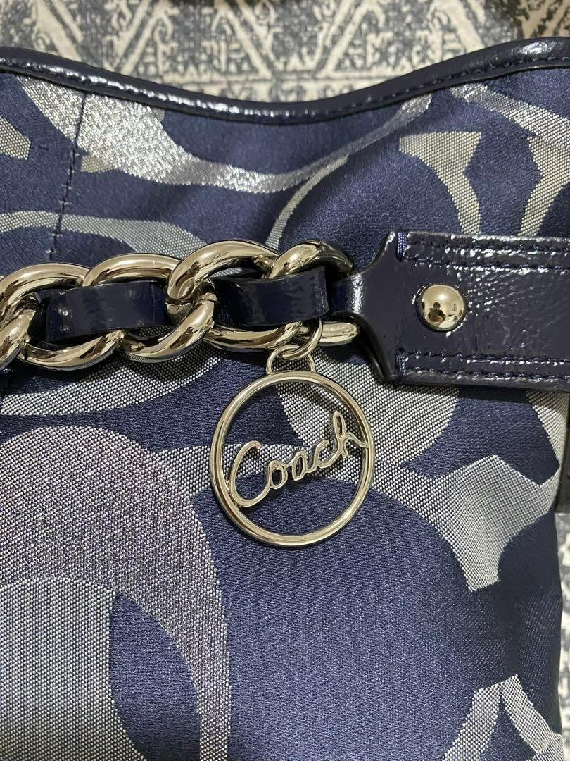 COACH Shoulder Bag Purse Signature Canvas Patent Leather Navy Authentic