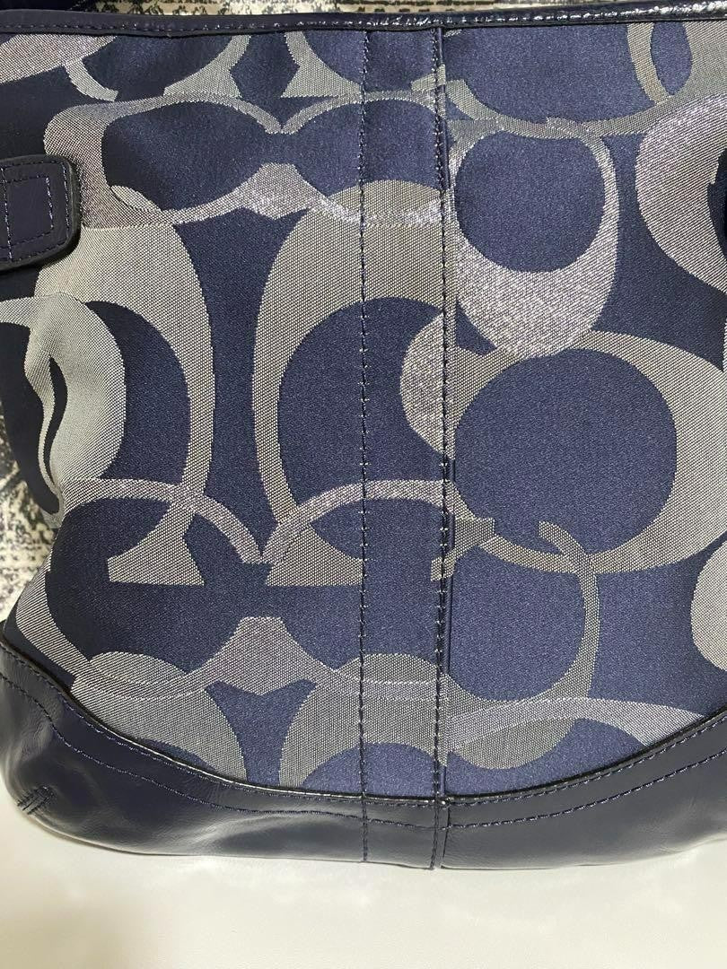 COACH Shoulder Bag Purse Signature Canvas Patent Leather Navy Authentic