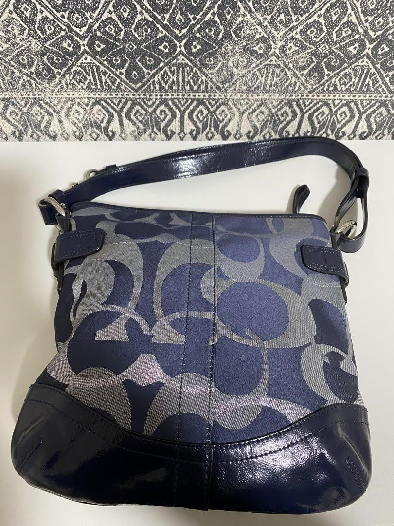 COACH Shoulder Bag Purse Signature Canvas Patent Leather Navy Authentic