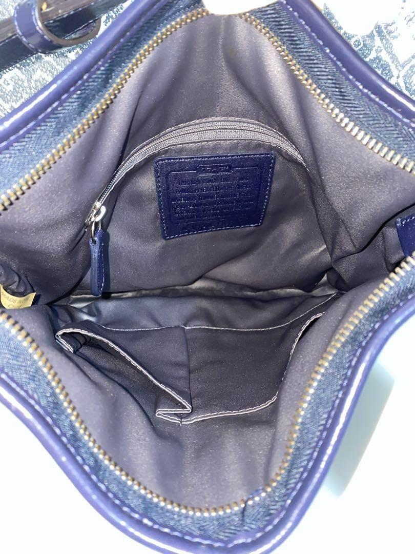 COACH Shoulder Bag Purse Signature Canvas Patent Leather Navy Authentic