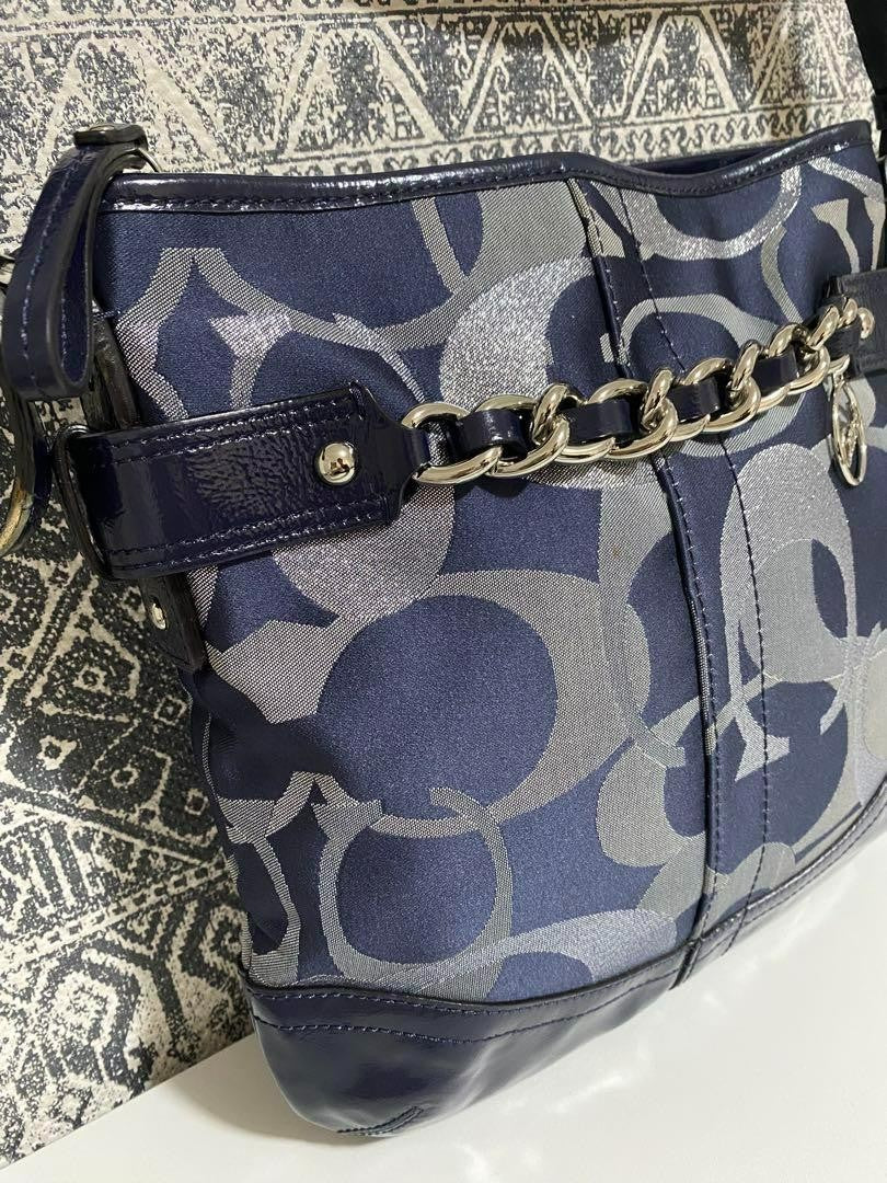 COACH Shoulder Bag Purse Signature Canvas Patent Leather Navy Authentic