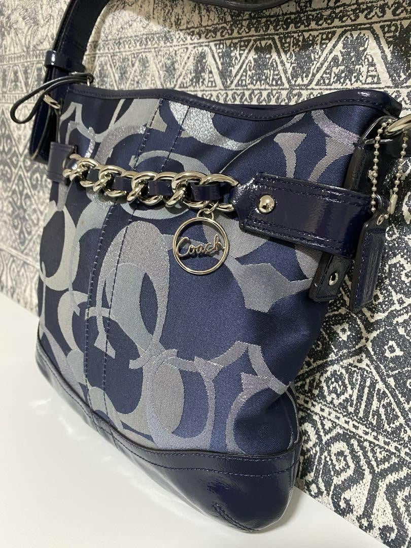 COACH Shoulder Bag Purse Signature Canvas Patent Leather Navy Authentic